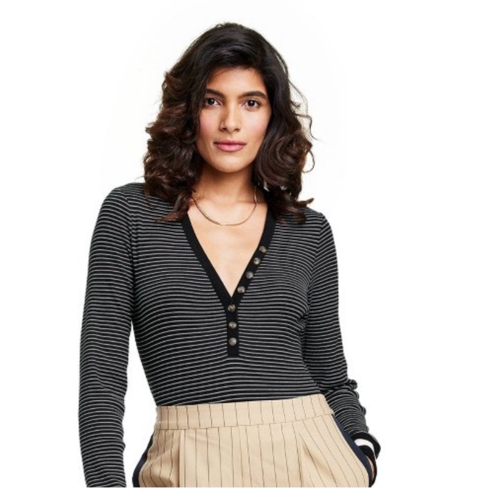 NWOT La Ligne x Target Striped V-Neck Bodysuit Black White S